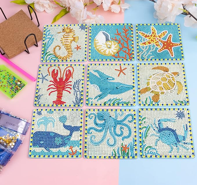 Coasters Sea Life square 9 pieces