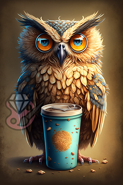 Owl with cup of coffee