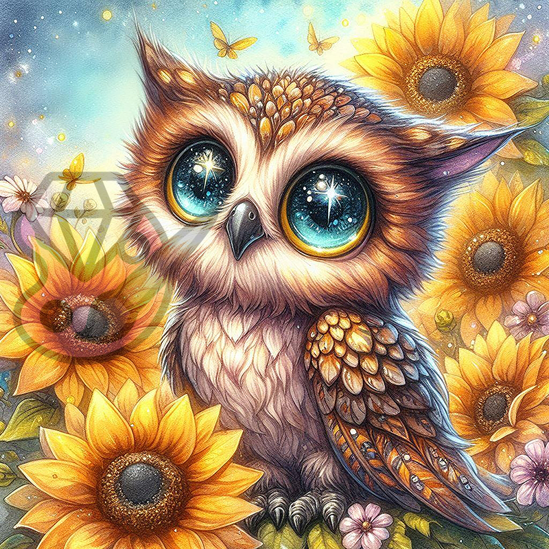 Eule mit Sonnenblumen