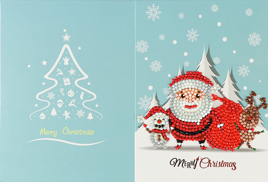 Christmas card Santa Claus, reindeer and snowman
