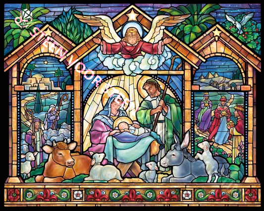 Stained glass nativity scene
